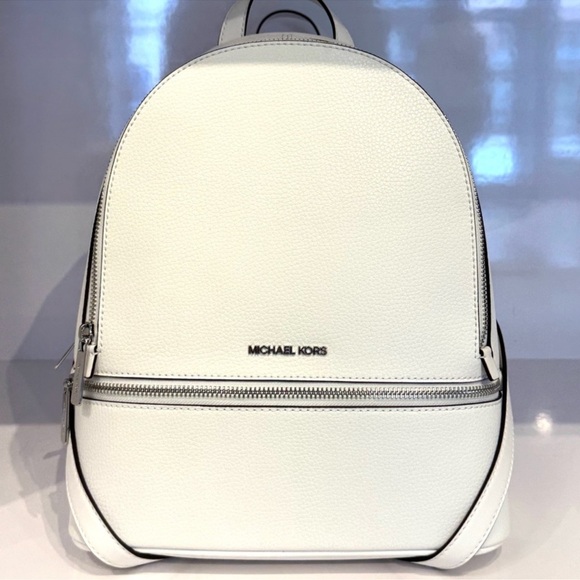 Michael Kors Rhea Medium Pebbled Leather Backpack Optic White - Picture 2 of 10